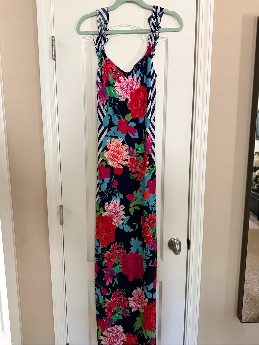 Floral Navy Maxi Dress with Pink & Red Blooms